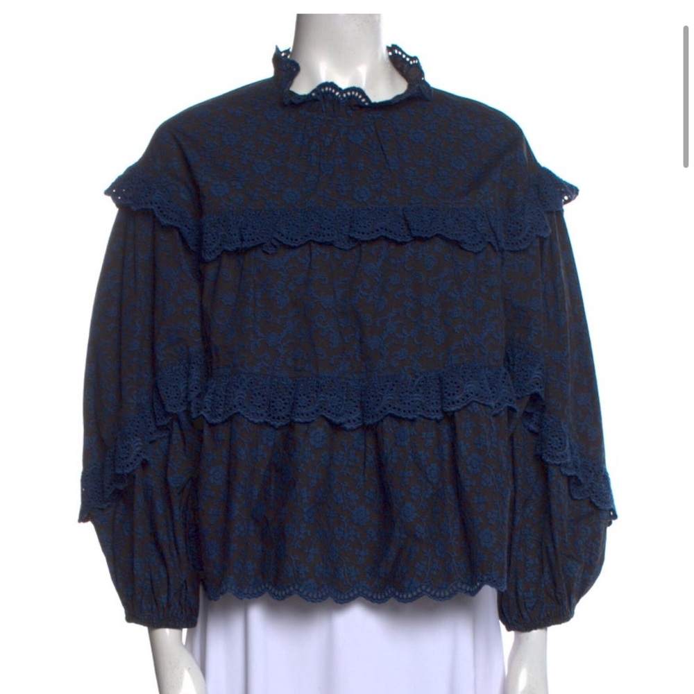 Ulla Johnson Blouse Navy Blue Eyelet Tiered Blouse XS or 2